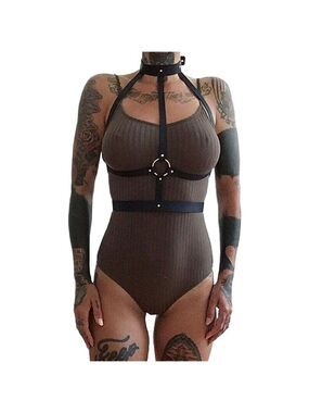 𝅺BLACK Leather Waist Shoulder Harness Bra Belt Choker Slave Fetish Bondage NWT
